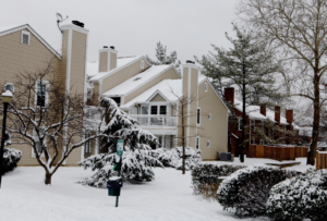 Houses and snow covered exterior area